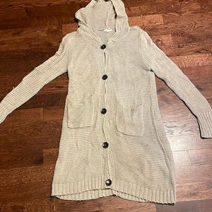 EASEL KNITTED BUTTON DOWN CARDIGAN tan medium/large with hood one small snag